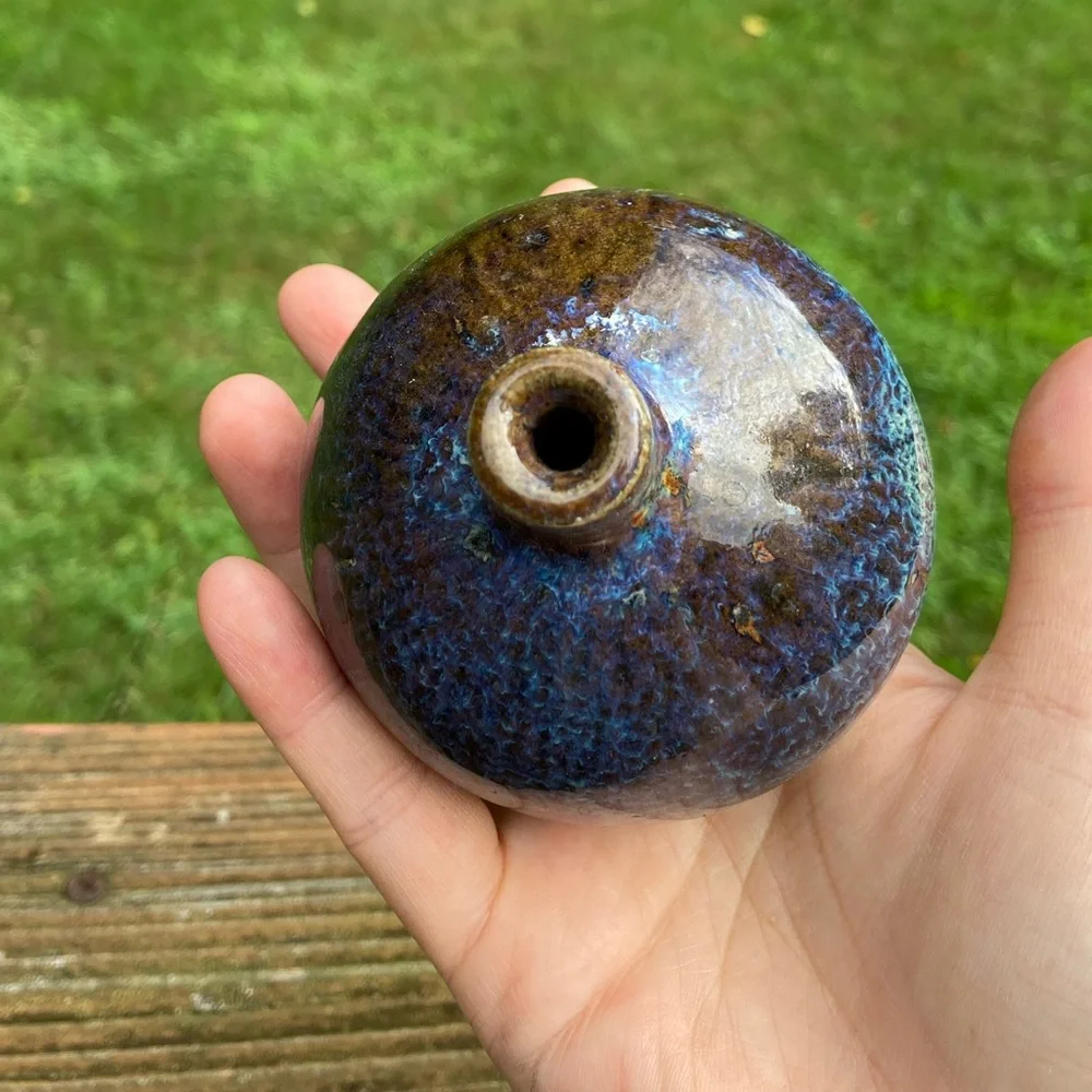 Vintage Brown and Blue Glazed Round Bud Vase - Picture 13 of 13
